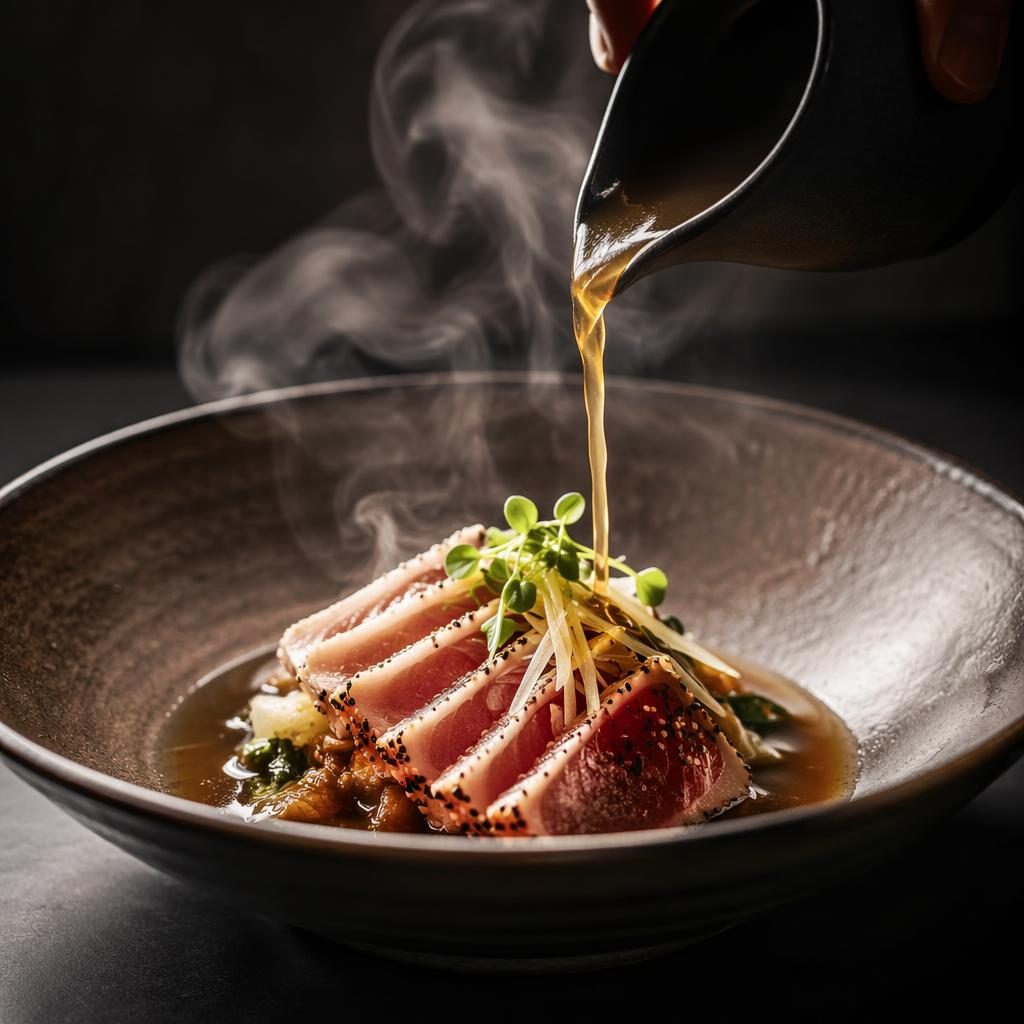 Plato de cocina asian fusion con emplatado preciso, salsa vertiéndose y vapor en luz natural dramática
