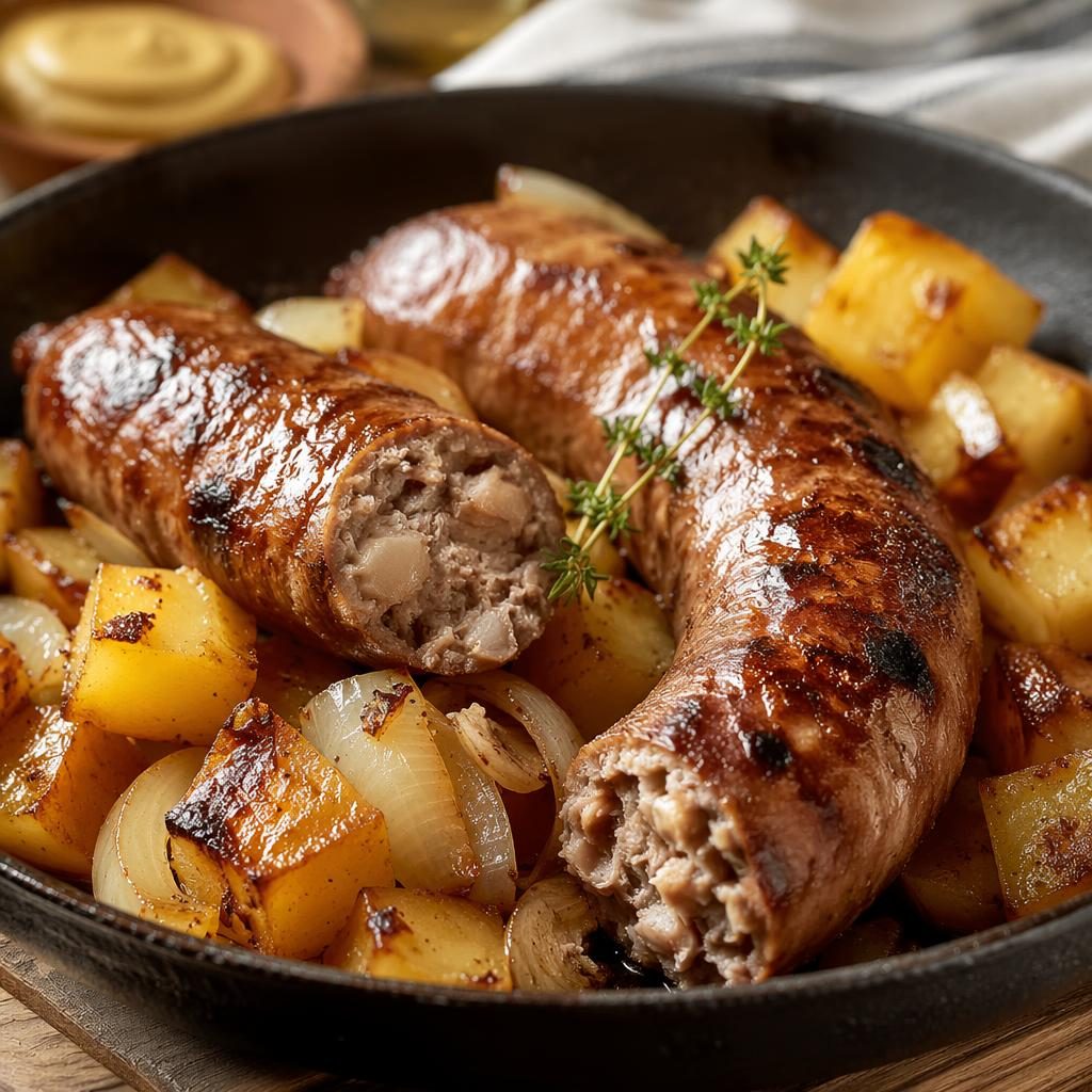 Photo d’une andouillette en gros plan, dressage rustique généreux, lumière naturelle chaude et fond flou.