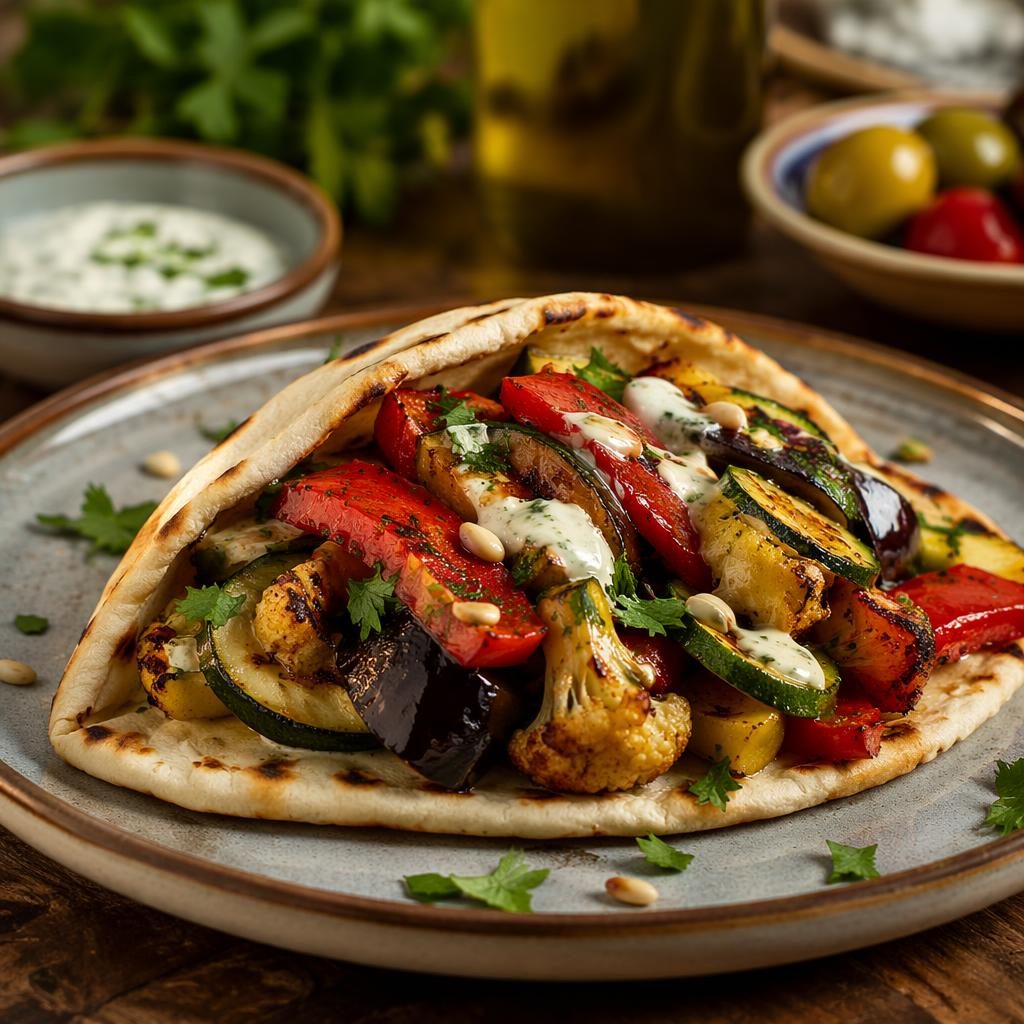 Straight-on editorial photo of a Mediterranean vegetable street-food dish with authentic plating, cozy light, and blurred background.