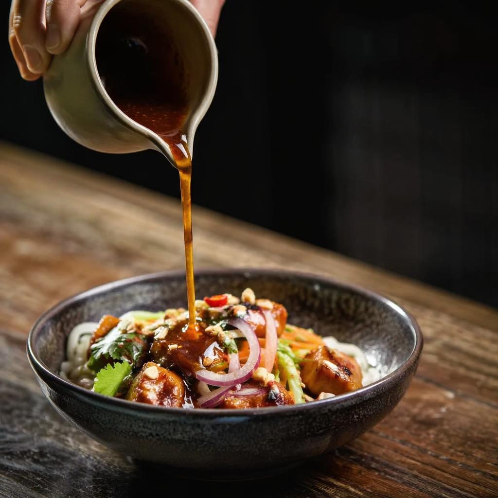 Moody editorial photo of a modern bistro street-food dish with steam and sauce pour, sharp focus, blurred background