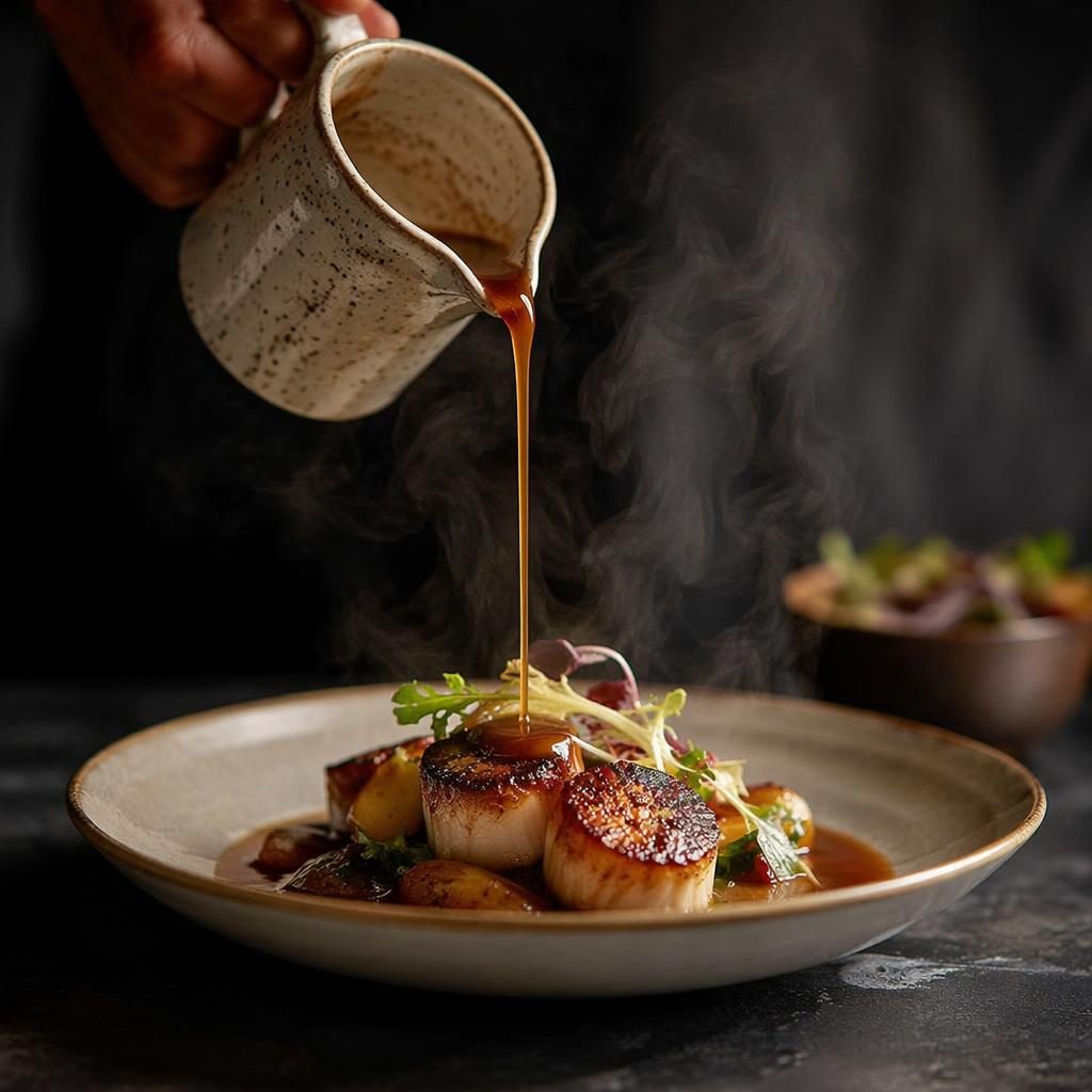 Assiette de bistrot moderne en dressage minimal, sauce versée avec vapeur, lumière naturelle, fond flou sombre