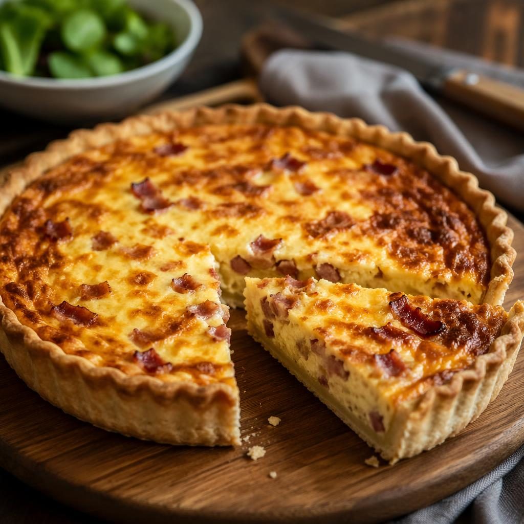 Photo éditoriale d une quiche lorraine dorée, dressage rustique généreux, angle 45 degrés, fond flou