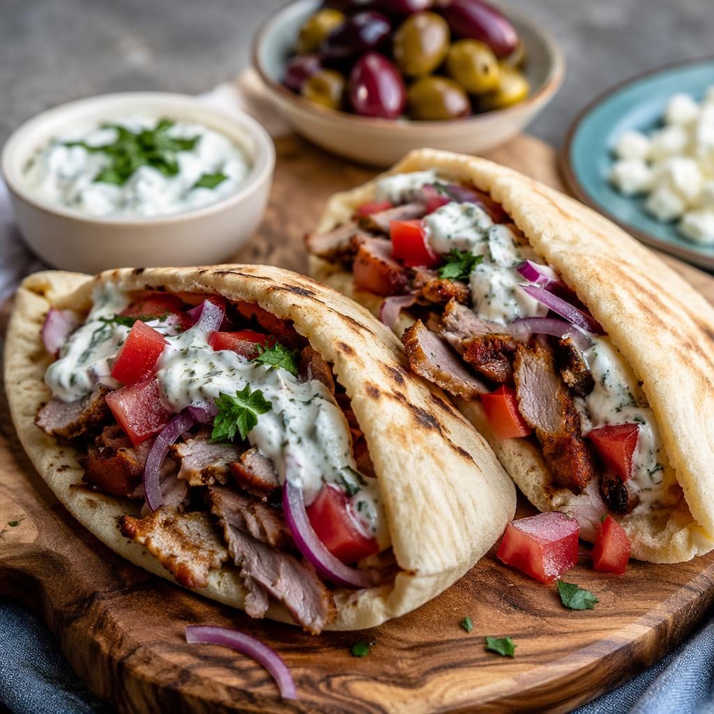 Straight-on editorial photo of Mediterranean street food plating in natural light with sharp dish focus and blurred cozy background.