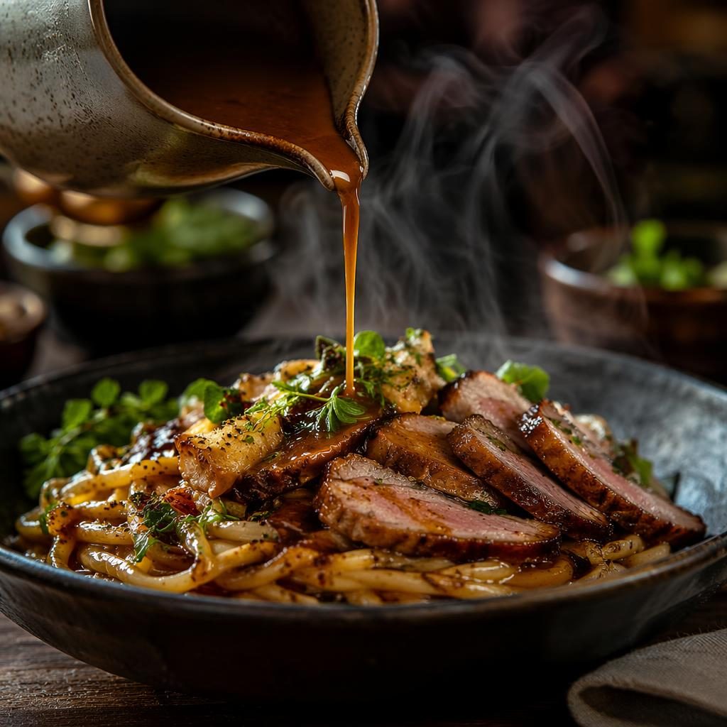 Editorial food photo of a modern bistro dish with rising steam, dark moody lighting, sharp focus, and blurred background.