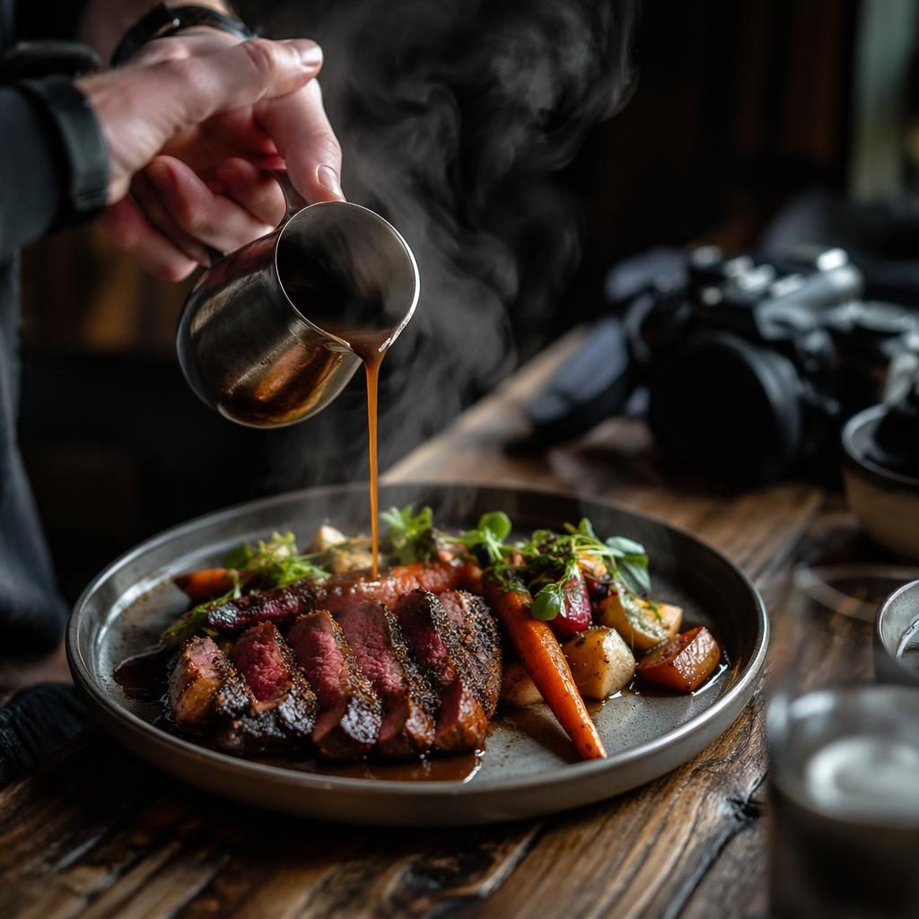 Dark moody editorial photo of a modern bistro wedding photographer meal with steam, dynamic pouring action, and blurred background.