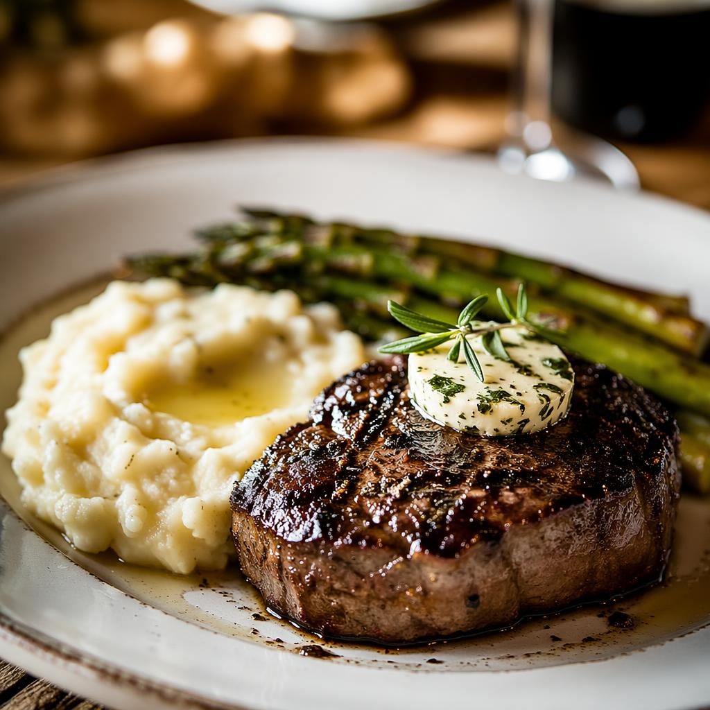 Close-up editorial photo of a high-end American comfort dish plated artistically in warm natural light.