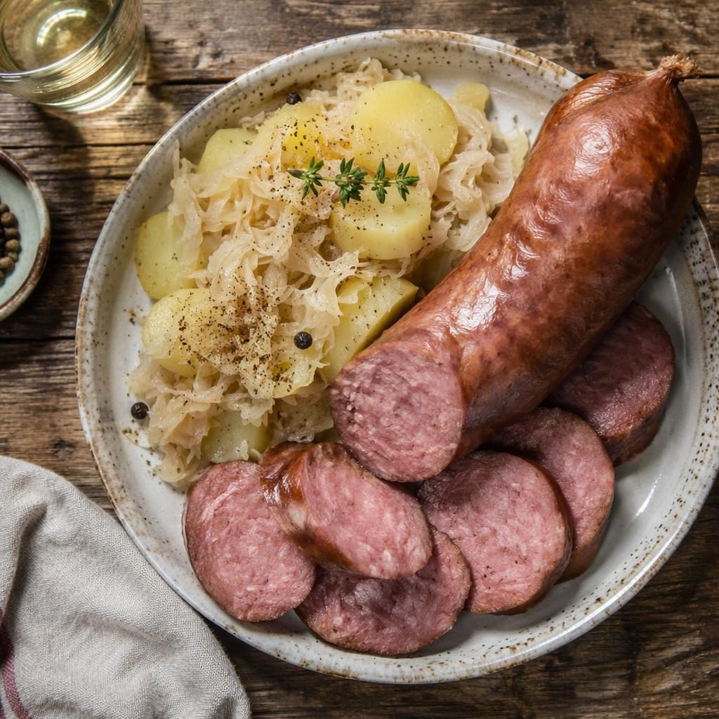 Photo culinaire en vue du dessus d’une saucisse de Morteau, dressage minimal, ambiance rustique et lumière naturelle.