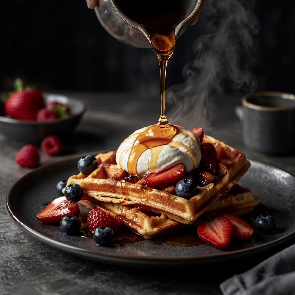 Editorial waffle photography with minimal plating, syrup pouring over waffles in dark moody natural light