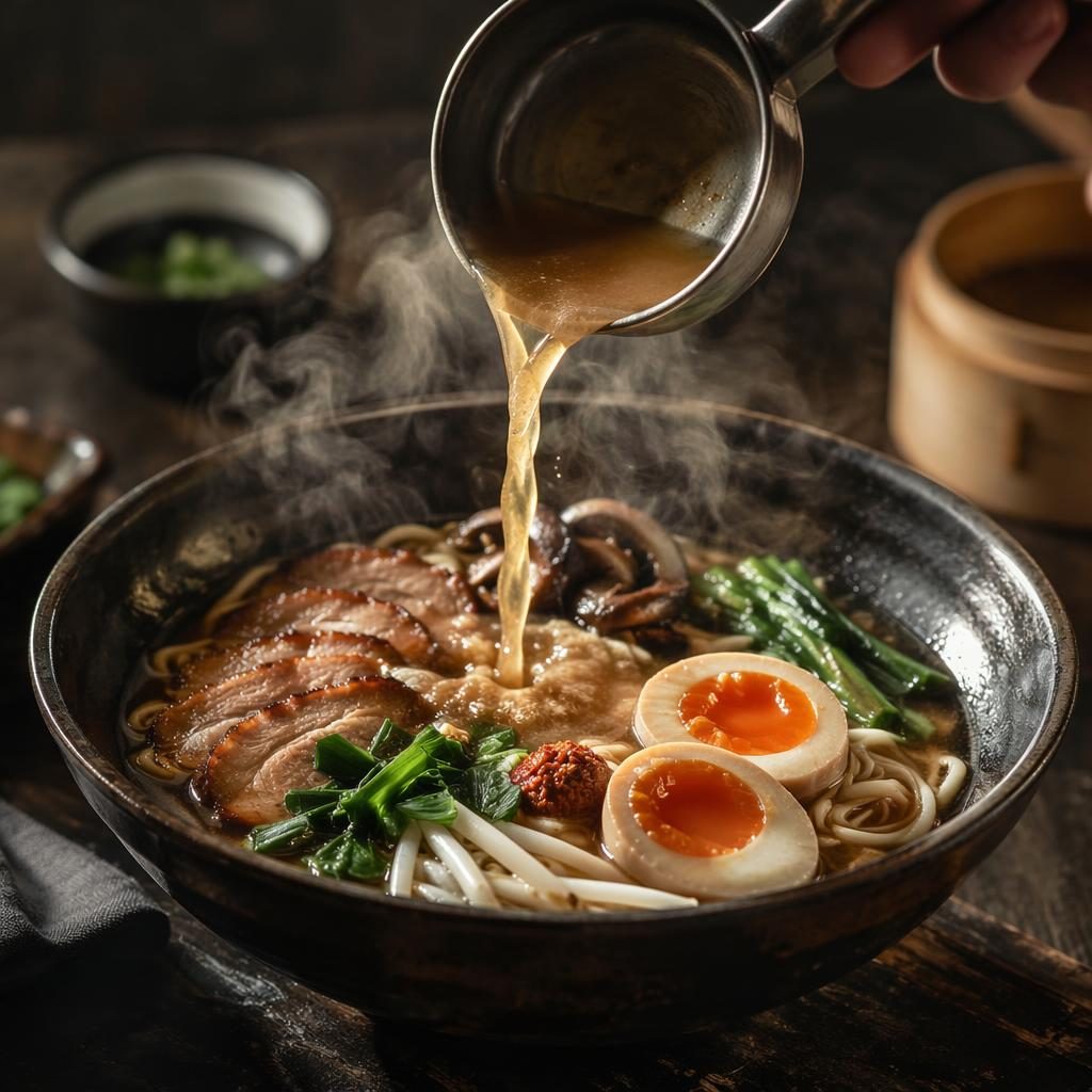 Plat de bistro moderne en action avec sauce versée, vapeur visible, lumière naturelle et fond flou sombre