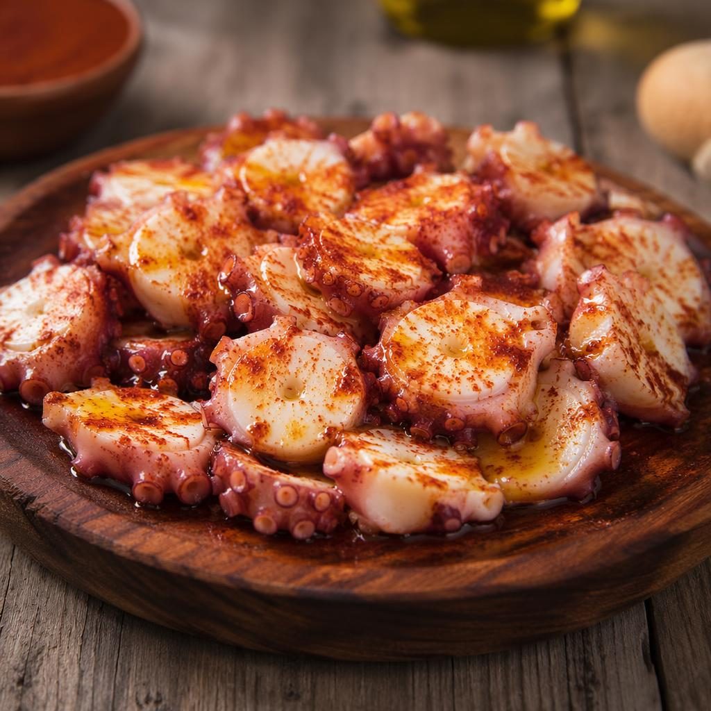 Plato rústico de pulpo a la gallega fotografiado a 45 grados, con luz natural, enfoque nítido y fondo desenfocado.
