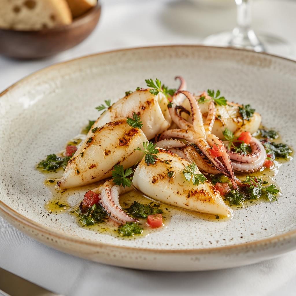 Assiette d'encornets en cuisine française gastronomique, dressage en céramique, angle 45°, fond flou