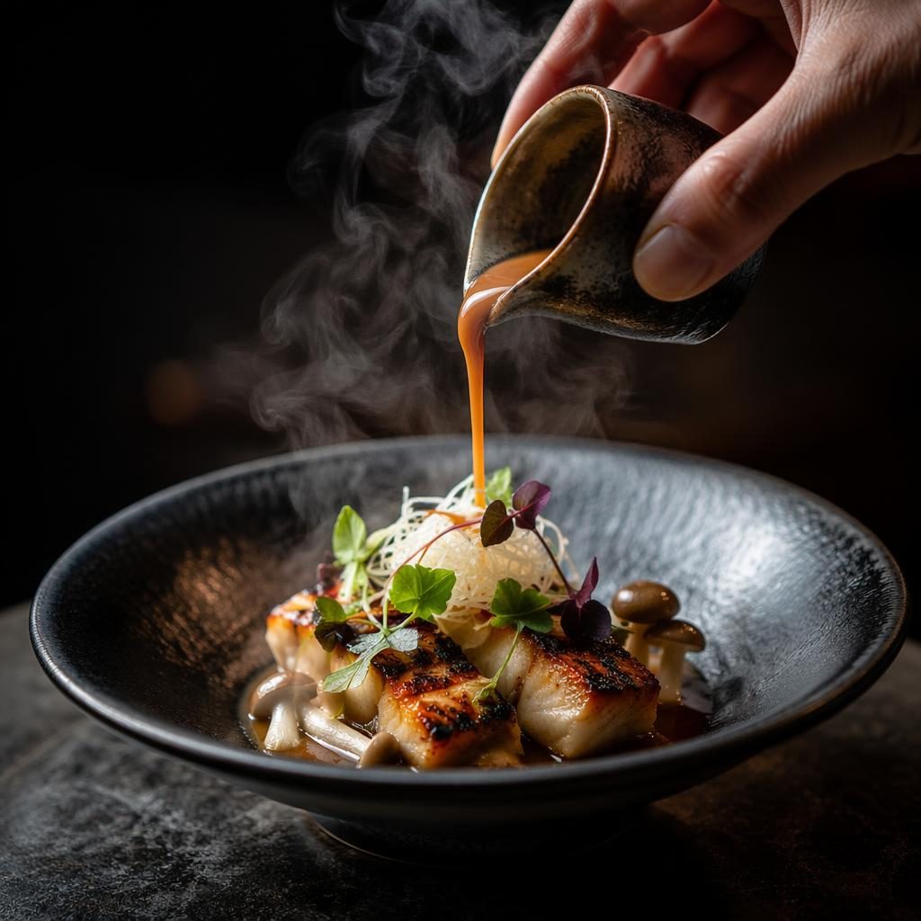 Plat asian fusion dressé avec précision, sauce versée et vapeur visible, lumière naturelle, fond flou sombre