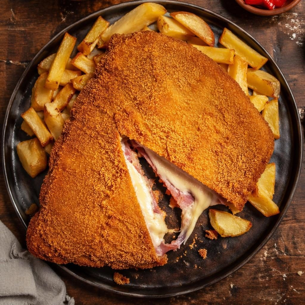 Foto cenital de cachopo con emplatado street food rústico, luz natural y fondo desenfocado.