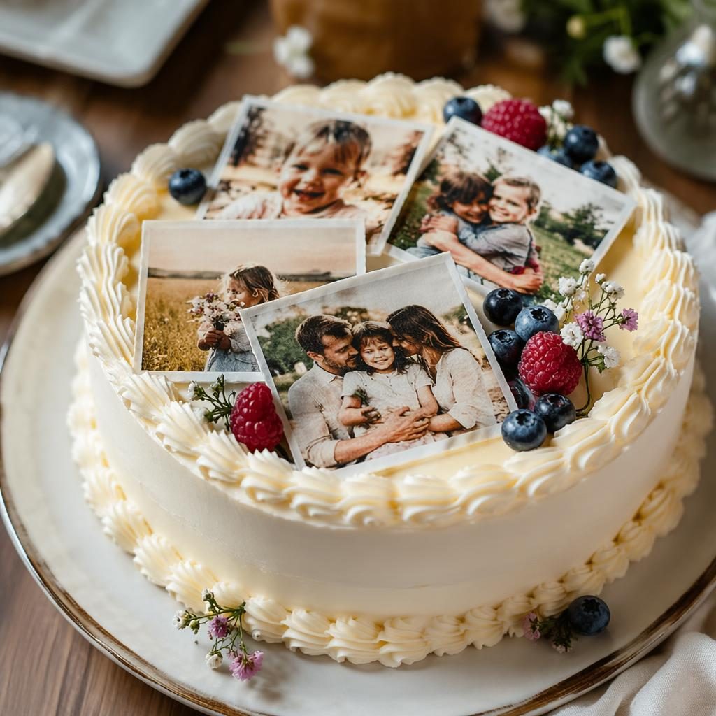 Close-up editorial food photo of a cake with photographs on top, served on classic ceramic plating in warm natural light.