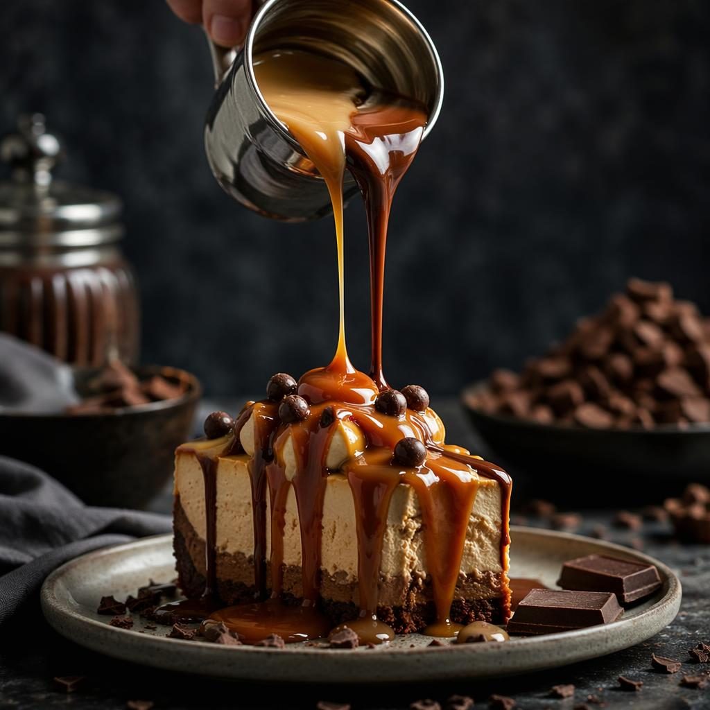 Editorial food photo of a modern bistro dessert with dramatic pouring action, moody light, sharp focus, and blurred background.