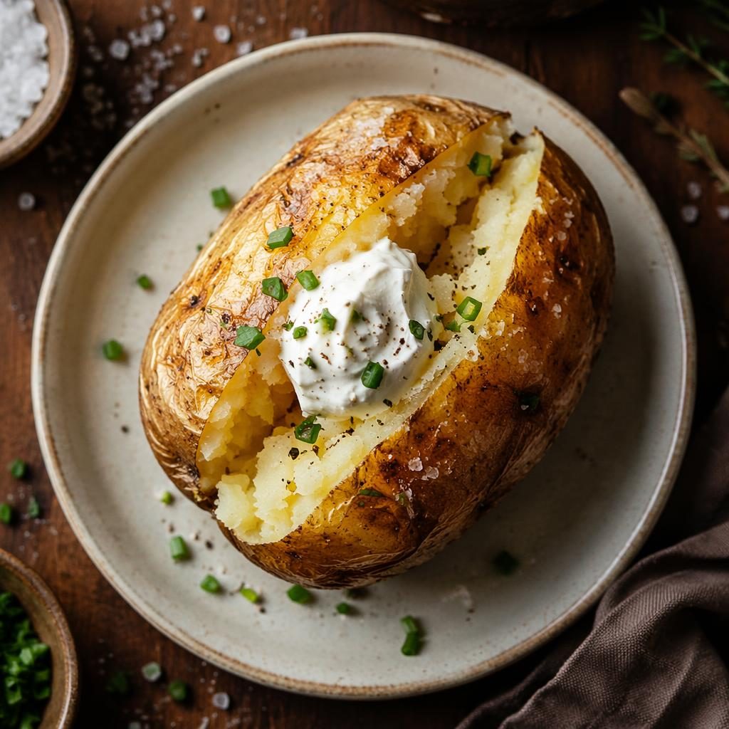 Top-down editorial food photo of a single plated potato with minimal rustic styling in soft natural light.