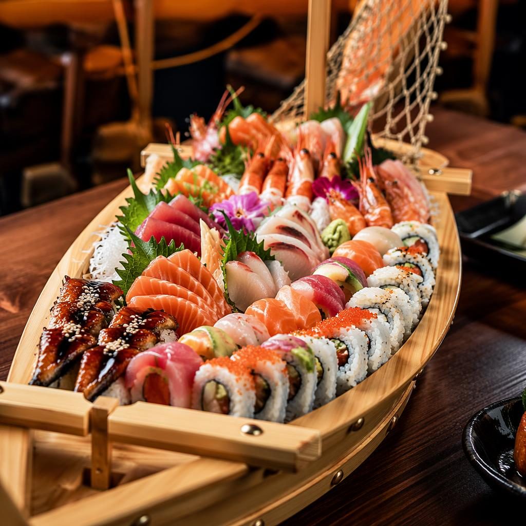 Close-up of a rustic sushi boat with generous plating, warm natural light, sharp focus, and a softly blurred background.