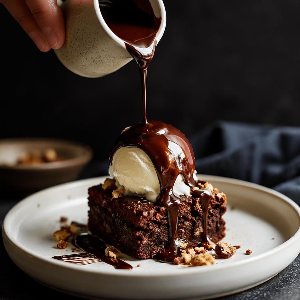 Editorial photo of a plated modern bistro dessert with dynamic sauce pour, dark moody lighting, sharp focus, blurred background