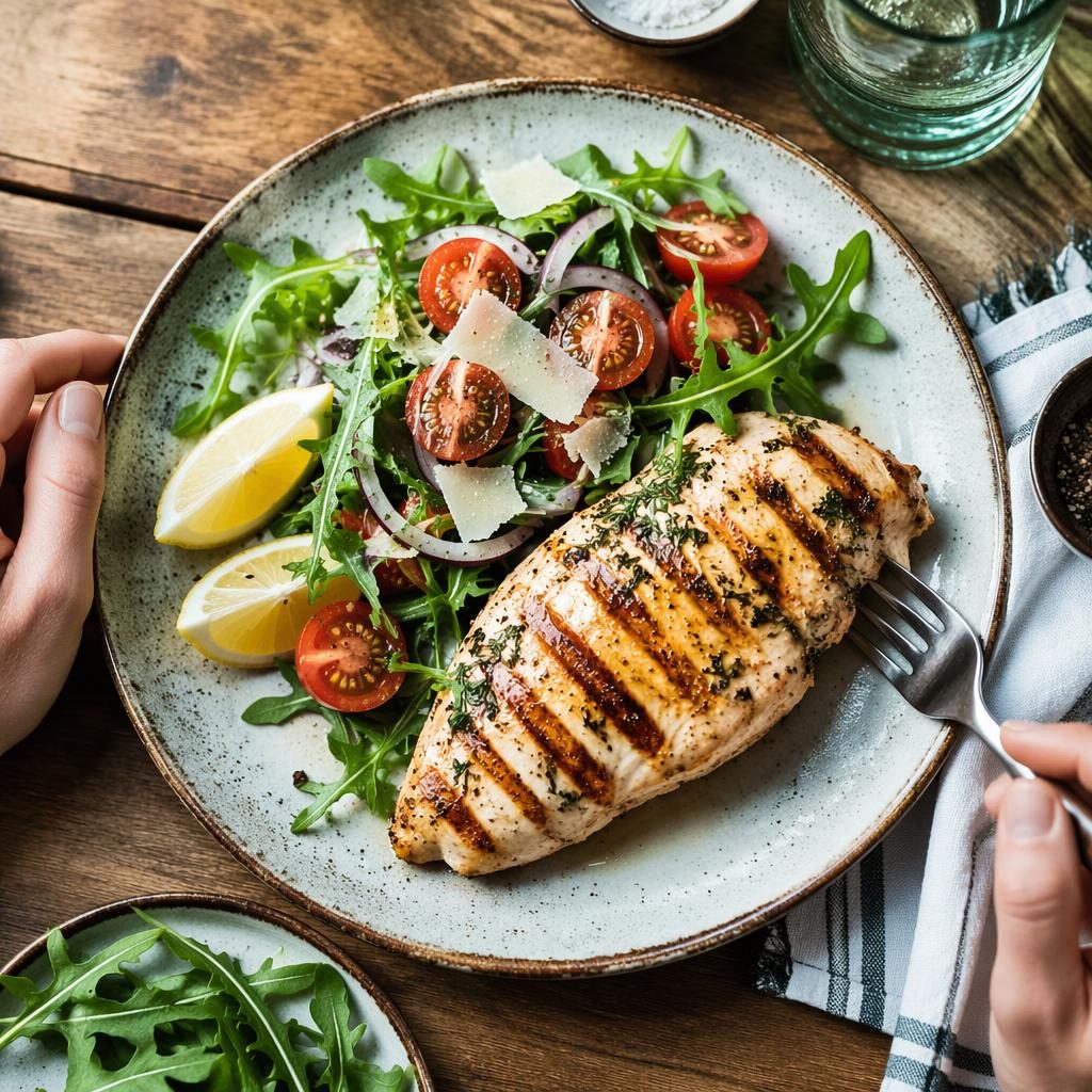 Vista cenital con manos de pechuga a la plancha emplatada al estilo italiano rústico, con luz natural y fondo desenfocado.