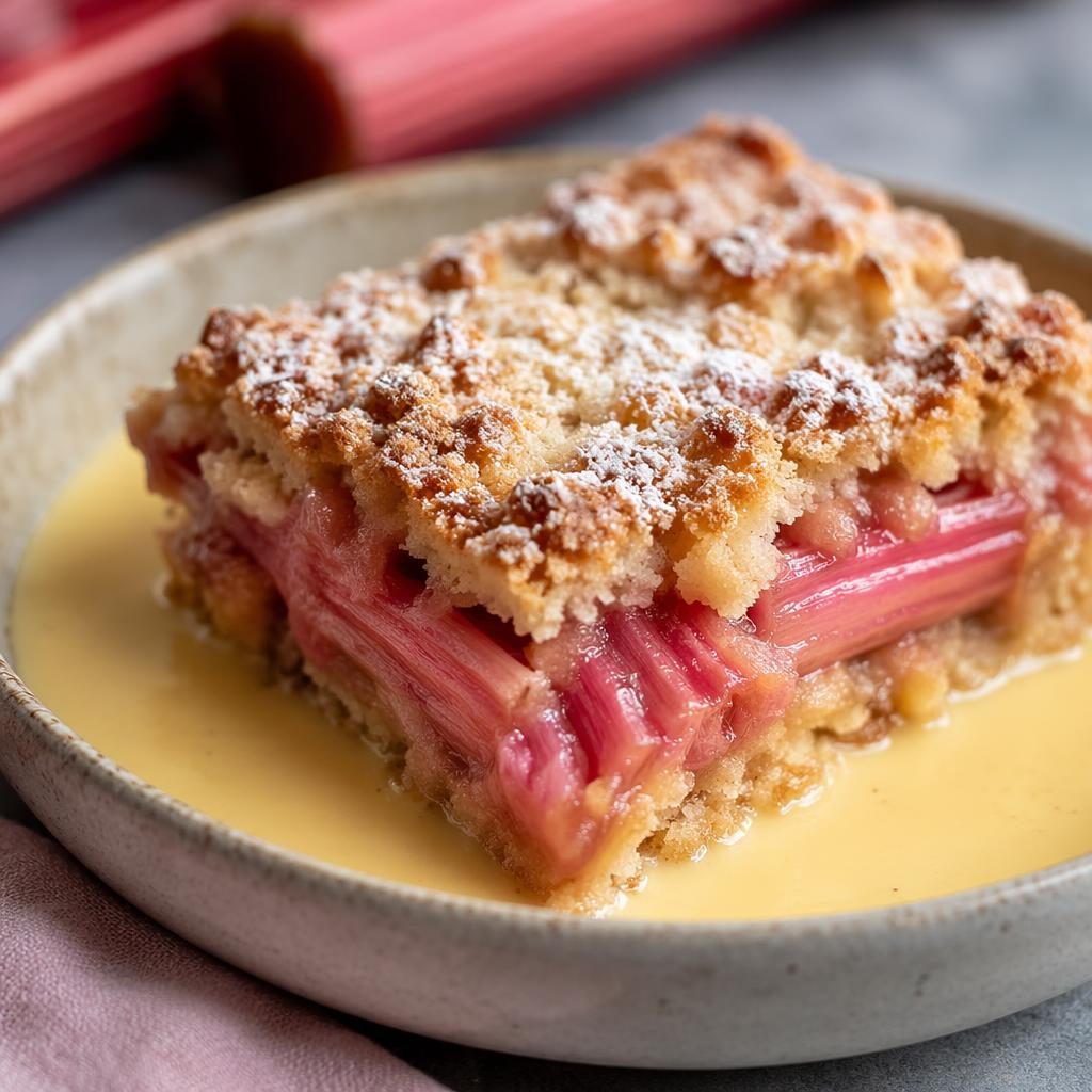 Close-up editorial food photo of rhubarb and custard pastry on classic ceramic plating with warm natural light