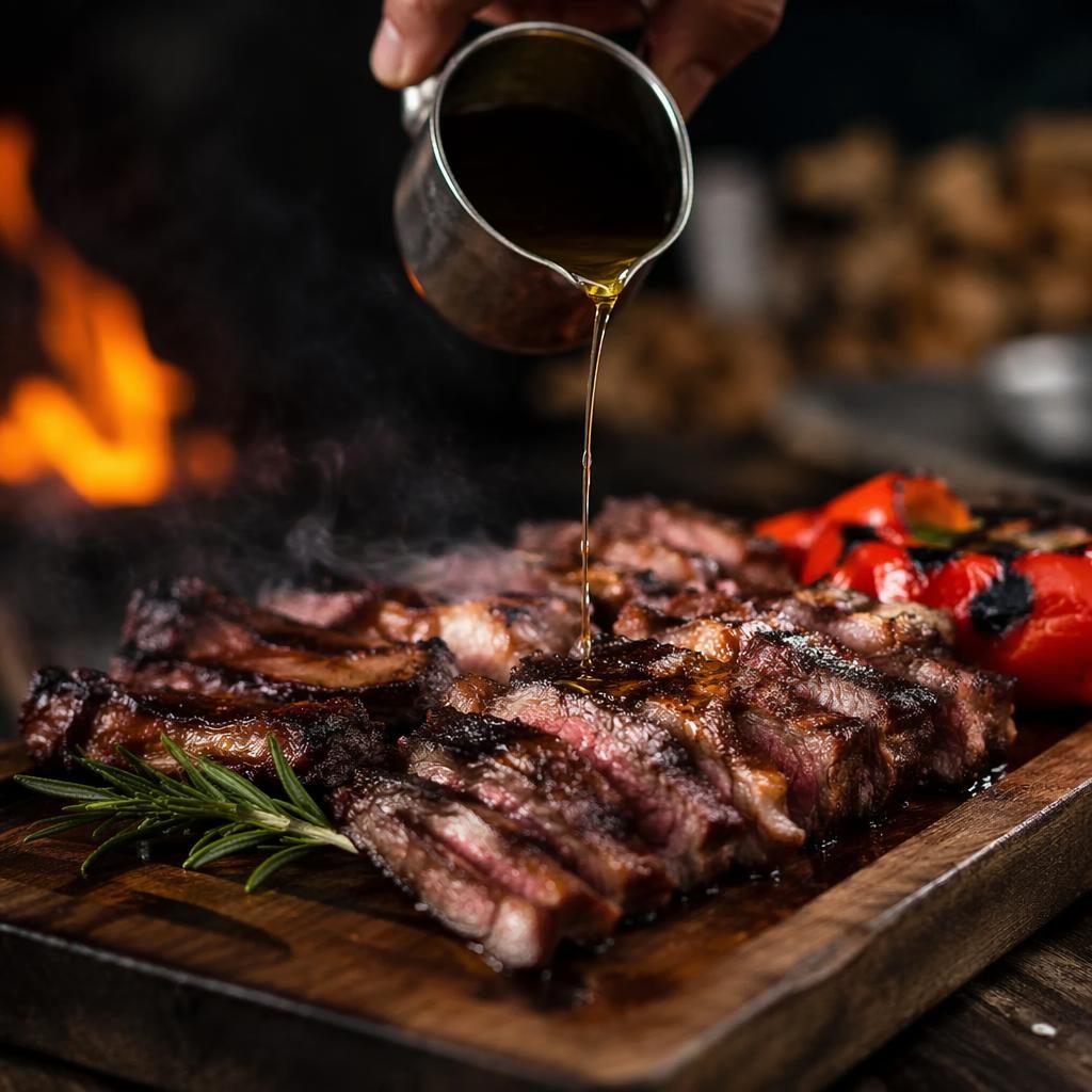 Foto editorial de carnes asadas con vapor y salsa en acción, luz natural, fondo desenfocado y estilo bistró oscuro