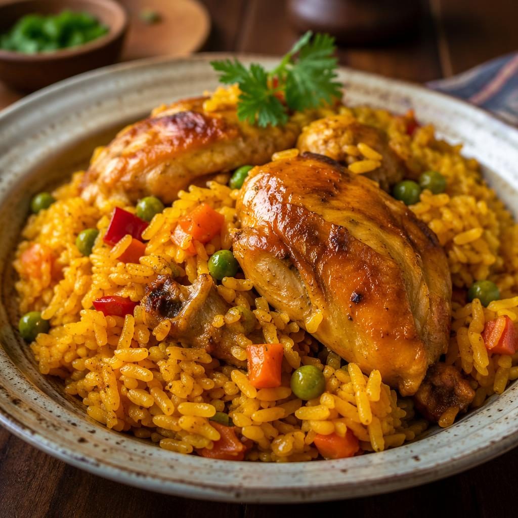 Plato de arroz con pollo casero en primer plano, luz natural cálida, fondo desenfocado y presentación informal