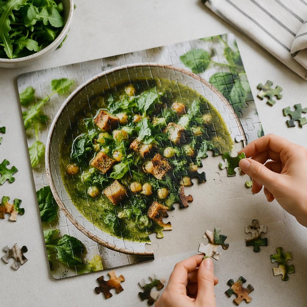 Veganský talíř v domácím stylu focený shora, ruce u stolu, světlá vzdušná atmosféra a přirozené světlo.