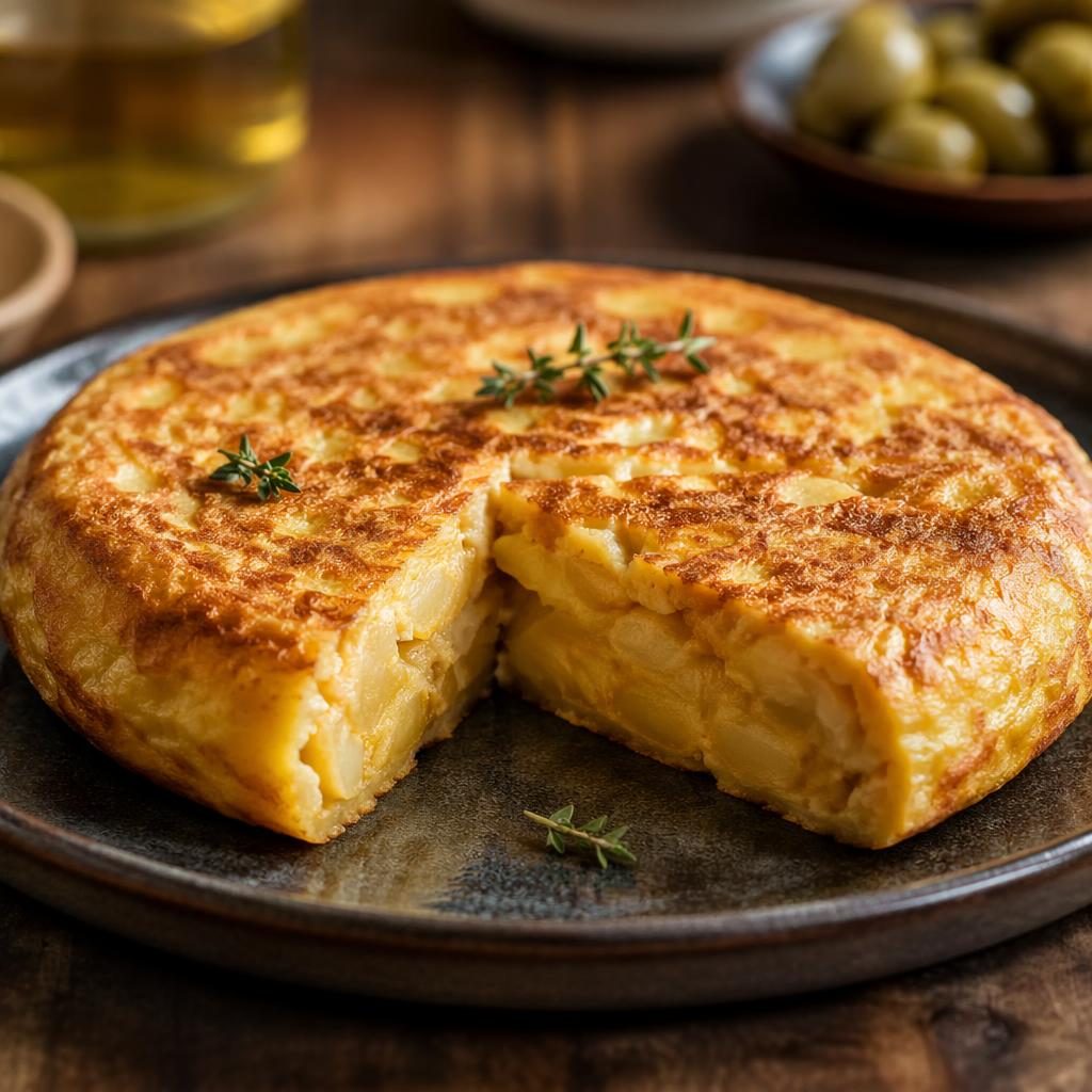 Plato de tortilla de patatas con presentación auténtica, luz natural, enfoque nítido y fondo desenfocado.
