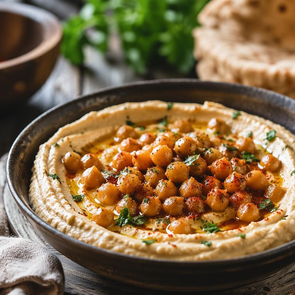 Straight-on editorial photo of an authentic Mediterranean chickpea street-food dish in natural light with a blurred cozy background.