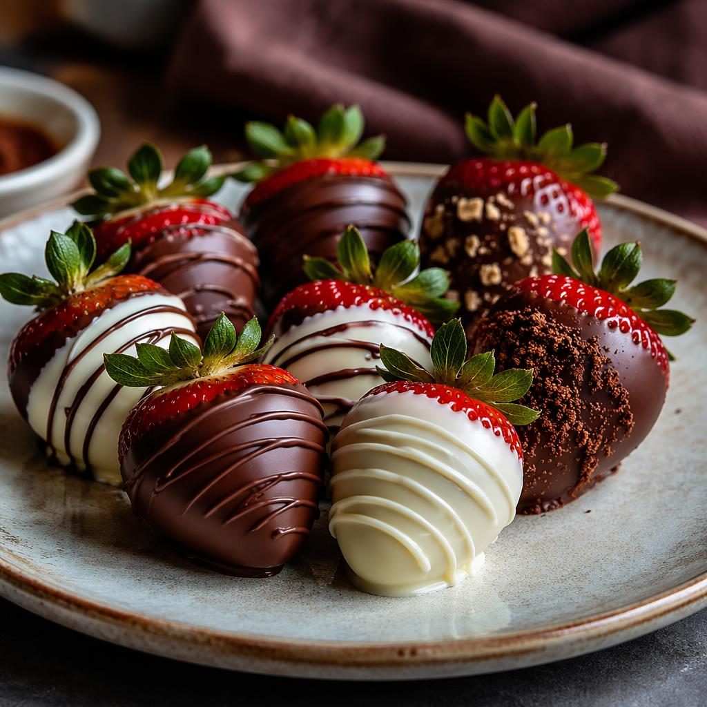 Editorial food photo of chocolate covered strawberries on elegant cafe-style plating, shot at a 45-degree angle