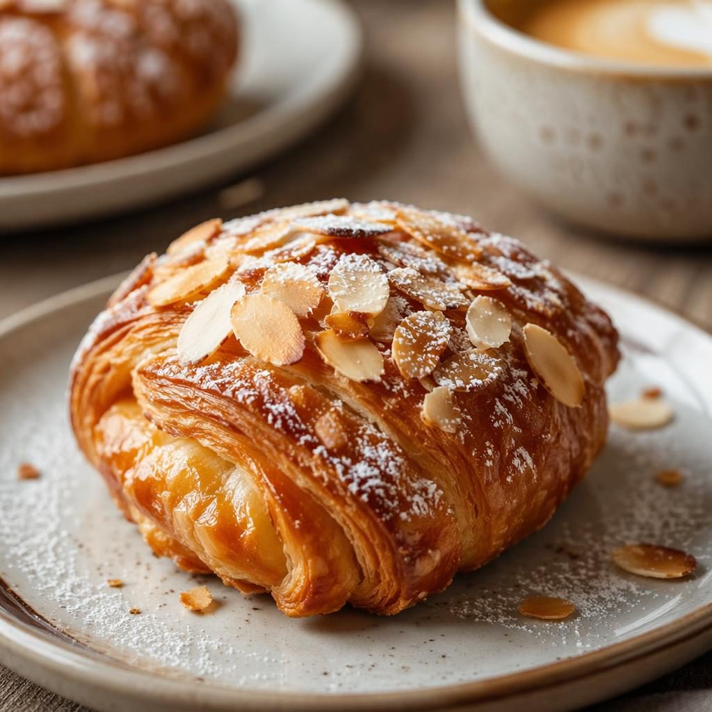 Close-up editorial photo of a plated bakery pastry on classic ceramic dish in warm natural light with blurred background