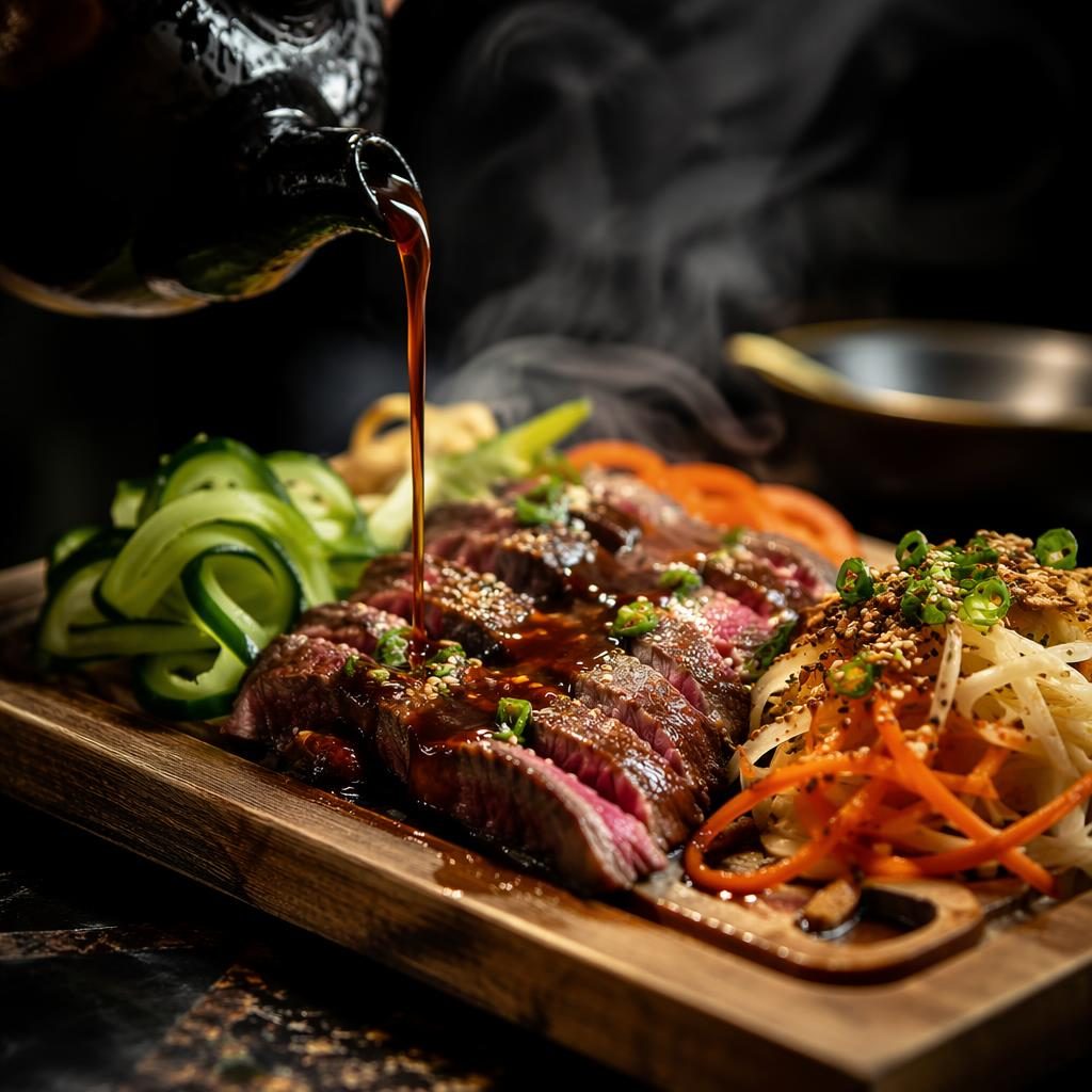 Plato asian fusion sobre madera con vapor en acción, luz natural, fondo desenfocado y ambiente oscuro dramático.