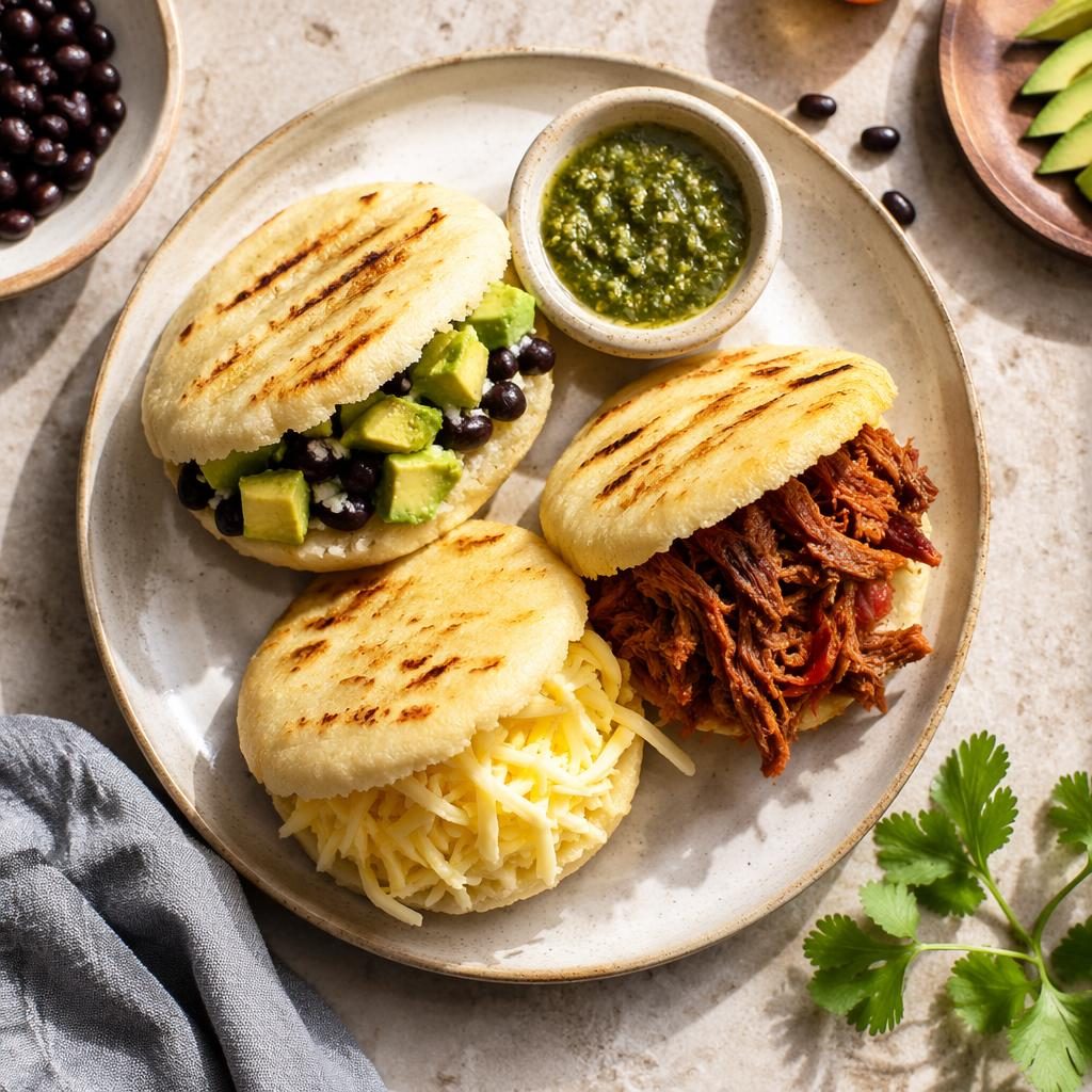 Fotografía cenital de arepas venezolanas con emplatado artístico, manos visibles, luz natural y fondo desenfocado