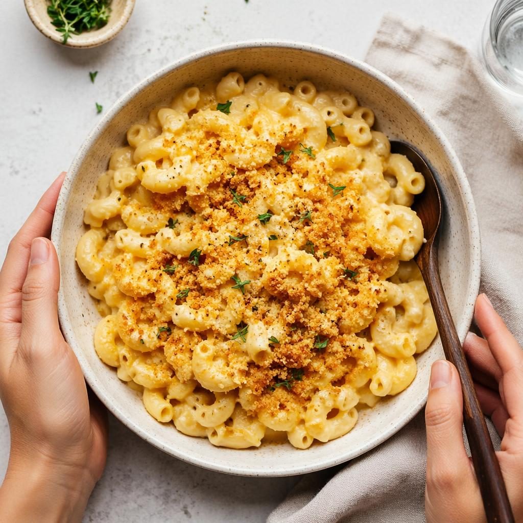 Overhead vegan macaroni on a classic ceramic plate with hands in frame, bright natural light and a soft blurred background