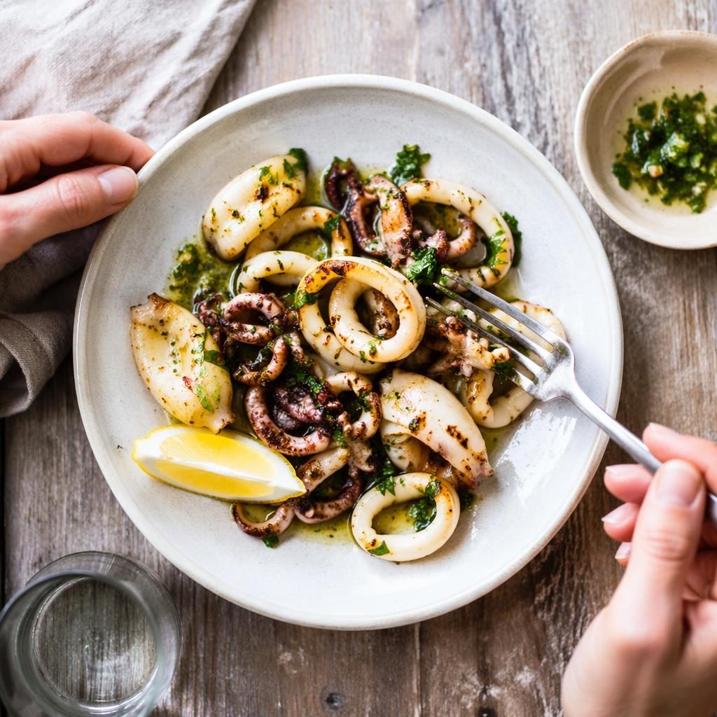 Assiette vegan façon encornets, vue du dessus avec mains, lumière naturelle, dressage simple et fond flou