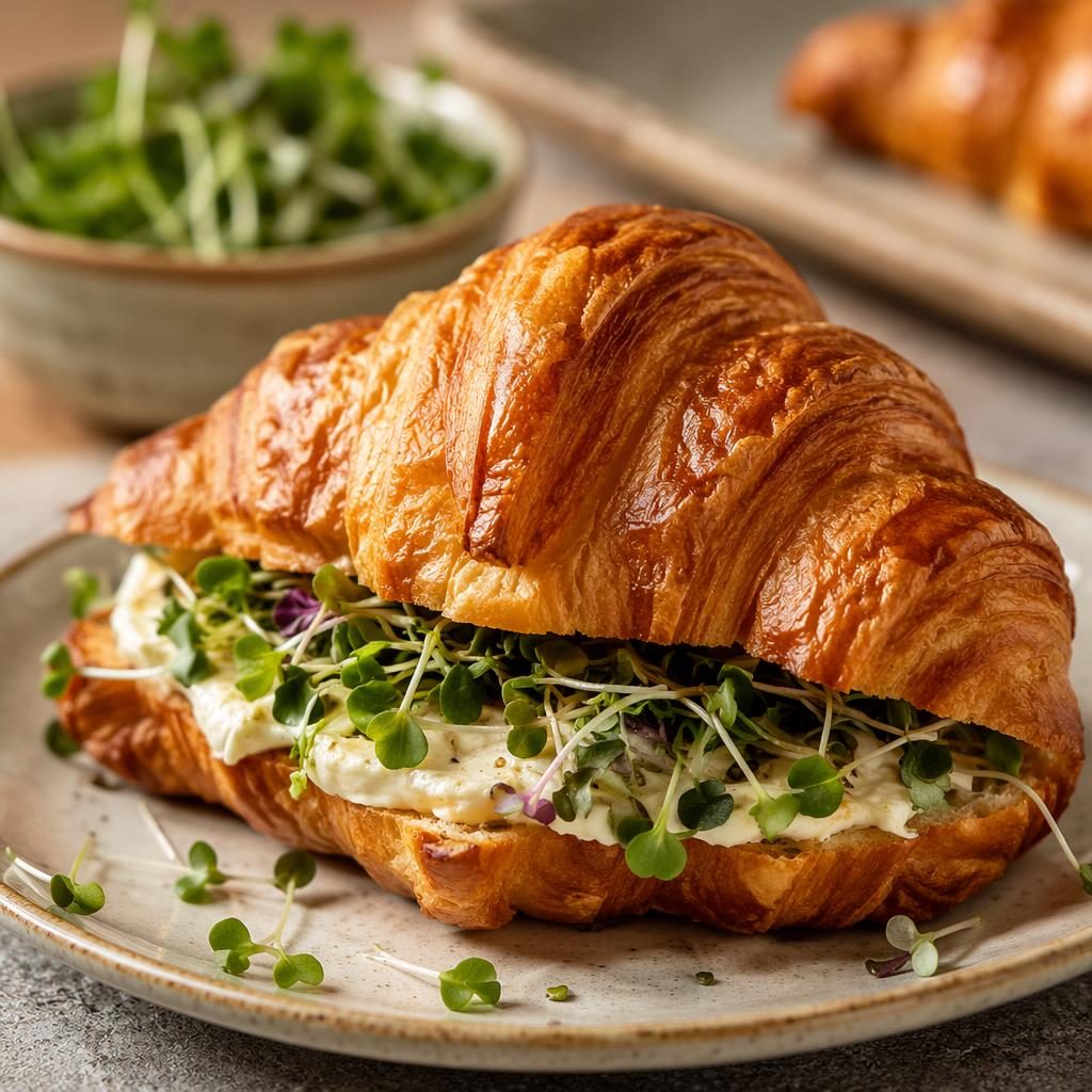 Close-up macro photo of a bakery pastry on a classic ceramic plate with sprouts, warm natural light and blurred background.