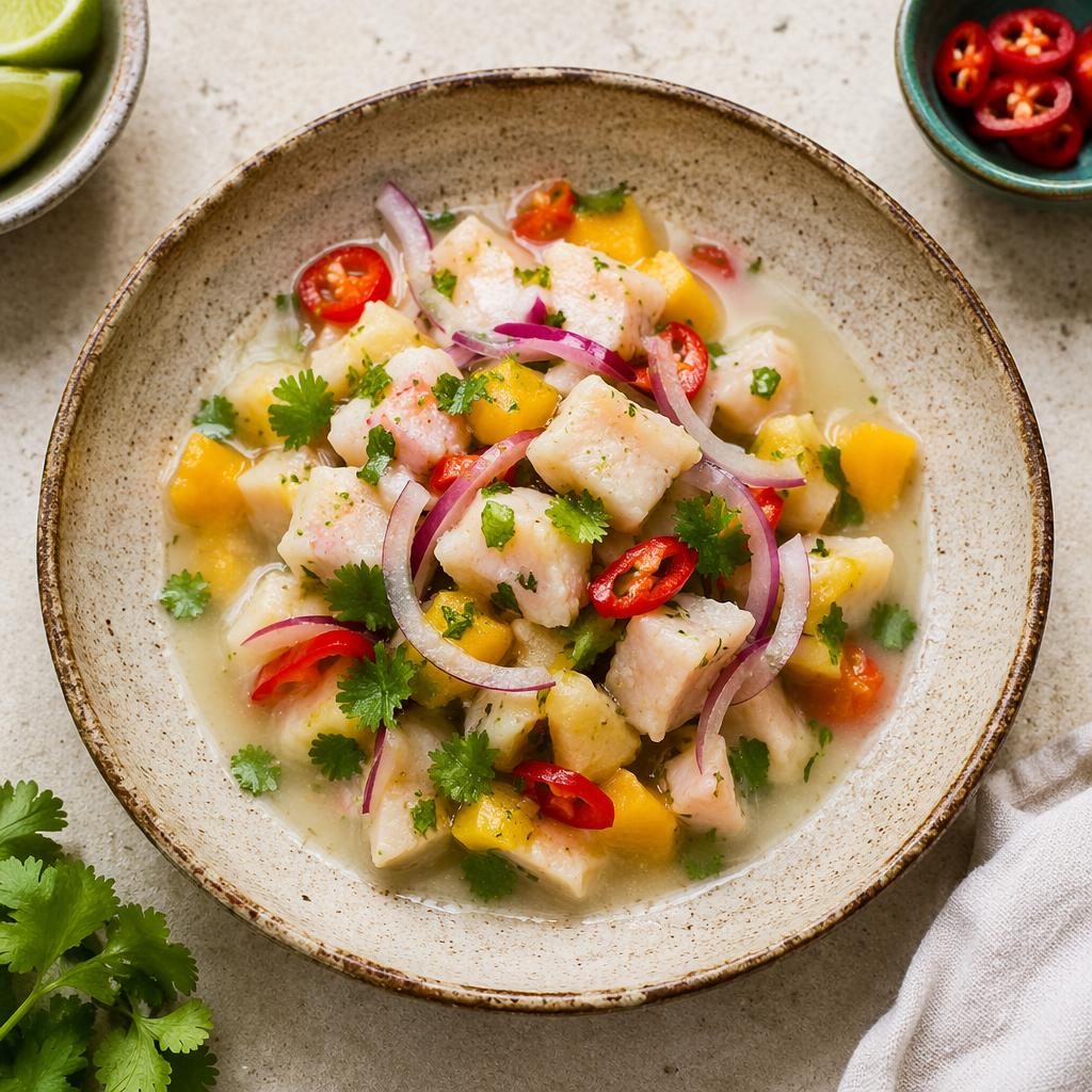 Plato de ceviche vegano en cerámica clásica, vista cenital con manos, luz natural y fondo desenfocado