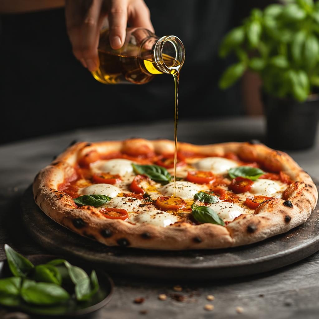 Editorial-Foto einer Pizza im modernen Bistro, mit aufsteigendem Dampf, dunkler Stimmung und unscharfem Hintergrund.