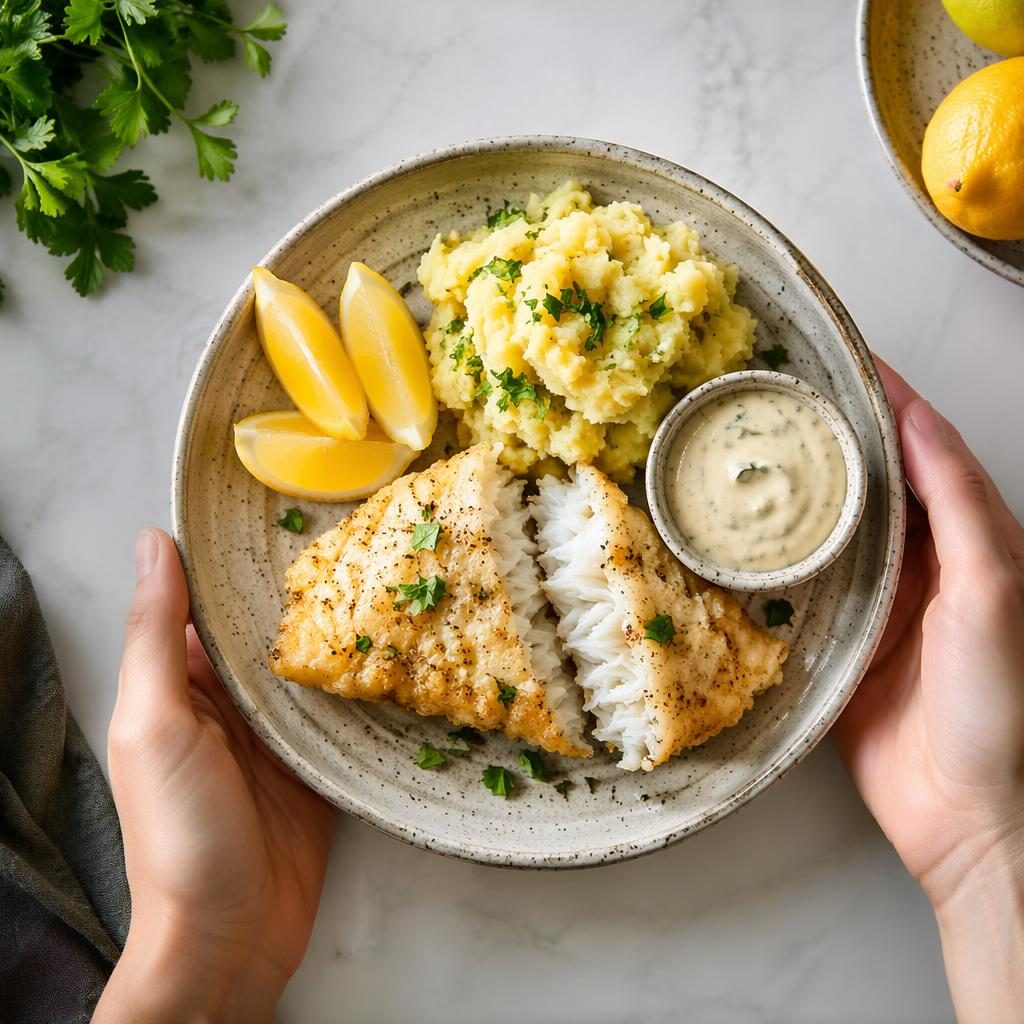 Assiette vegan façon morue poisson, vue de dessus avec mains, lumière naturelle, dressage simple et ambiance fraîche