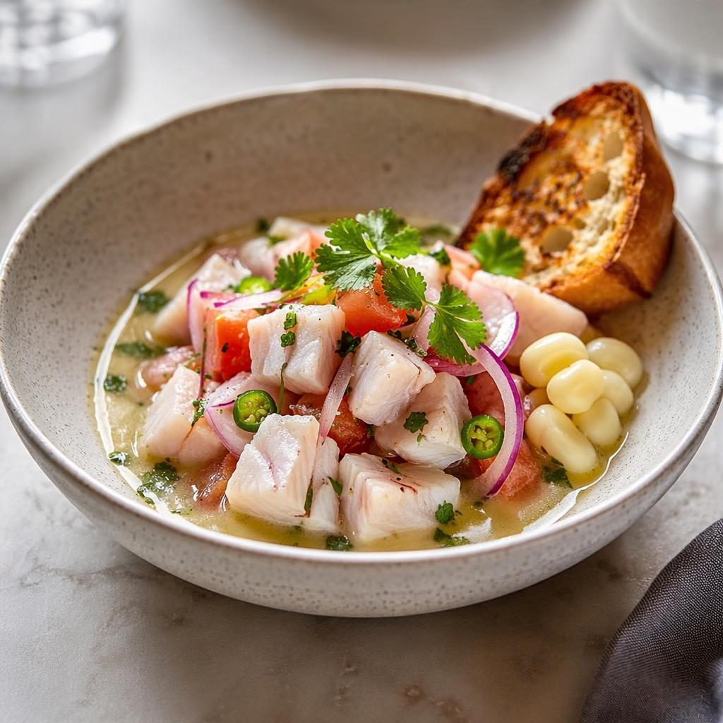 Plato de ceviche con emplatado casual elegante, fotografiado a 45 grados con luz natural y fondo desenfocado.