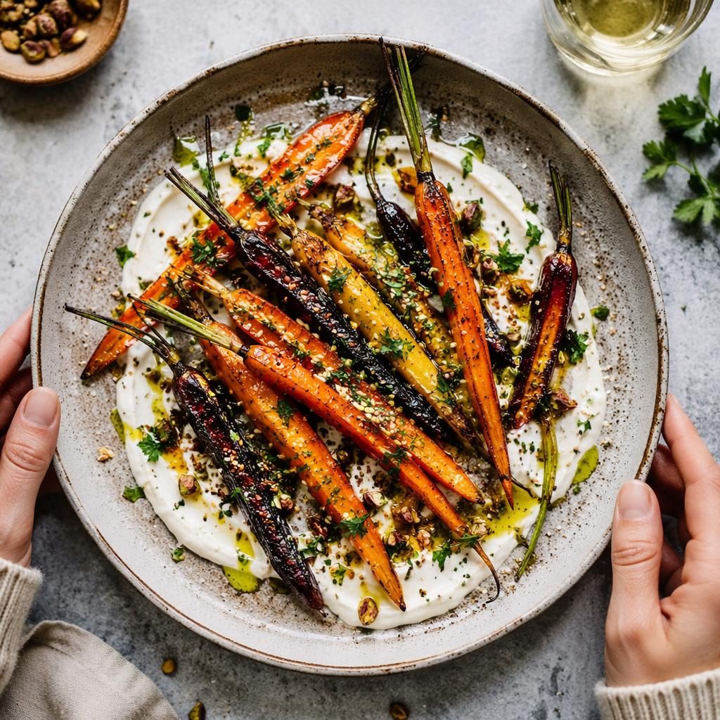 Overhead restaurant food photo of an artistic rustic Italian carrot dish with hands in frame, bright natural light