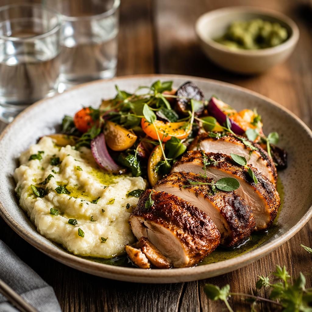 Editorial restaurant food photo of a rustic cafe-style dish with generous plating at a 45-degree angle in natural light.