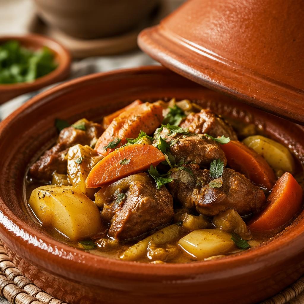 Photo tajine en gros plan, dressage gastronomique, lumière naturelle chaude, fond flou et couleurs appétissantes