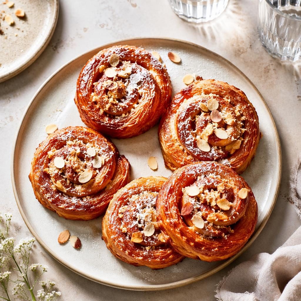 Overhead editorial photo of vegan pastries on classic ceramic plates with hands in frame, bright natural light and airy mood