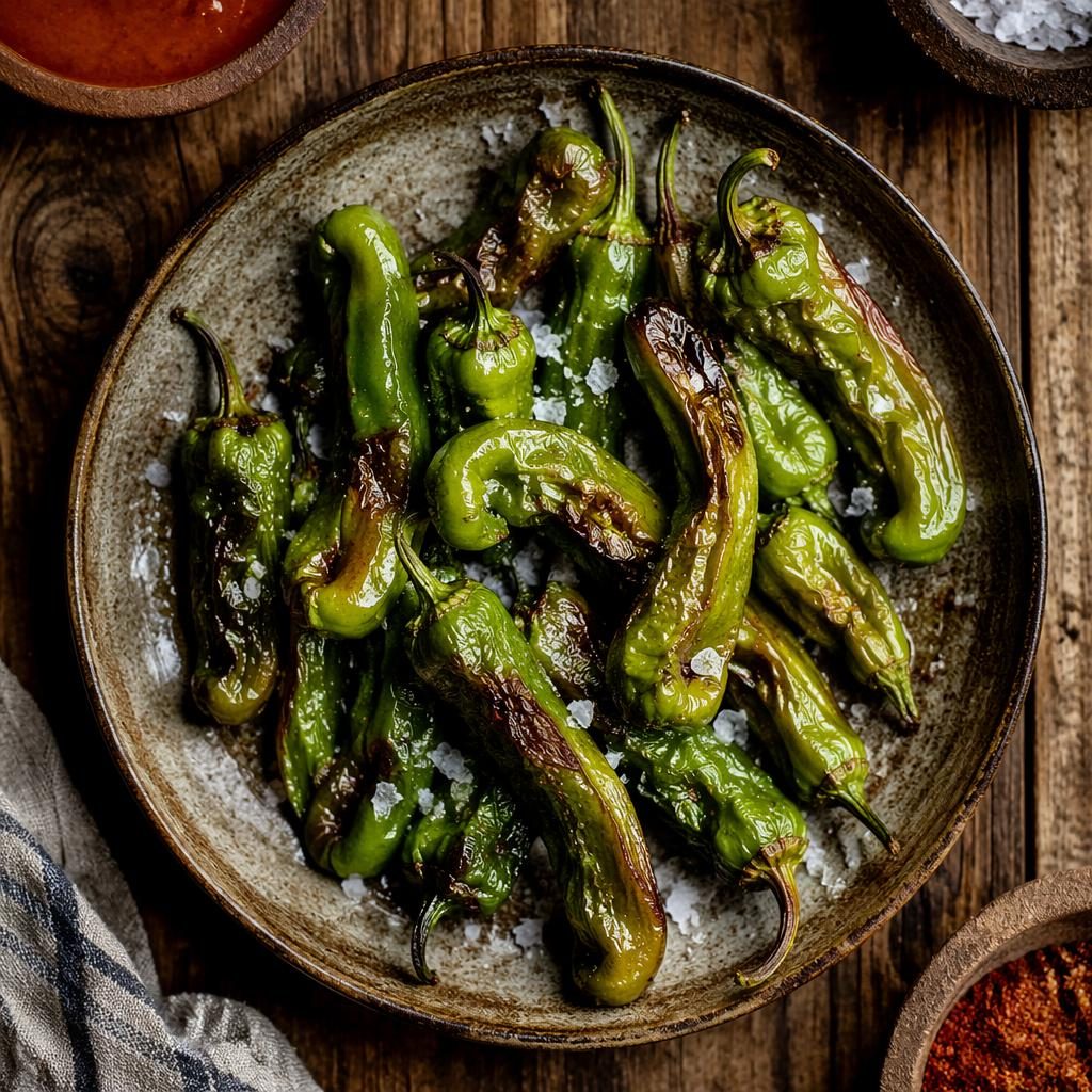 Top-down editorial photo of a street food dish with green peppers, rustic plating, natural light, sharp focus