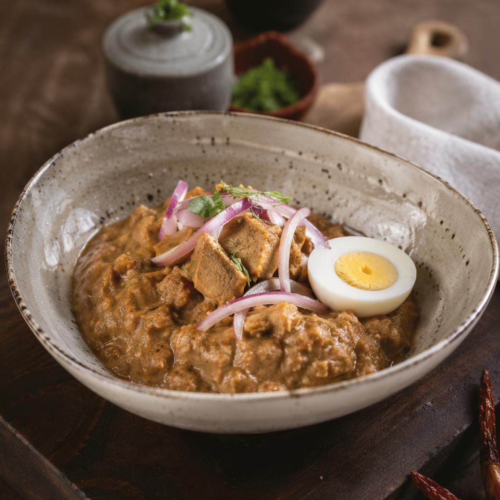 Foto de carapulcra servida en plato cerámico clásico, ángulo de 45 grados, luz natural y fondo desenfocado