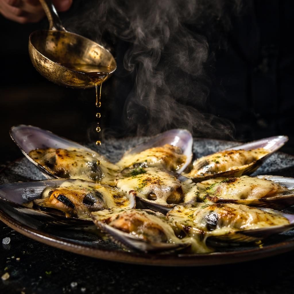 Plato de machas a la parmesana con emplatado preciso, vapor y luz natural dramática sobre fondo oscuro desenfocado