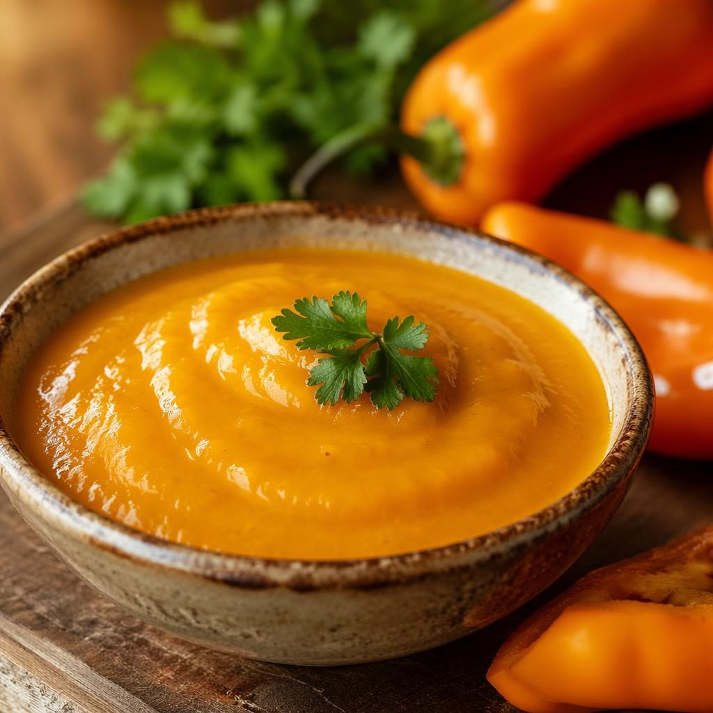 Primer plano macro de aji amarillo peruano con emplatado artístico, luz natural cálida y fondo desenfocado.
