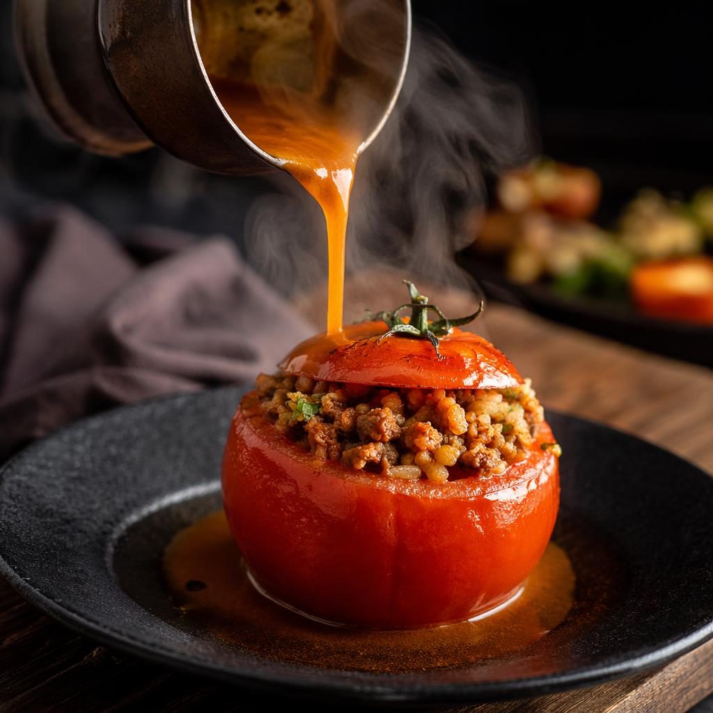 Photo tomate farcie en assiette minimaliste, ambiance sombre, vapeur visible et arrière-plan flou