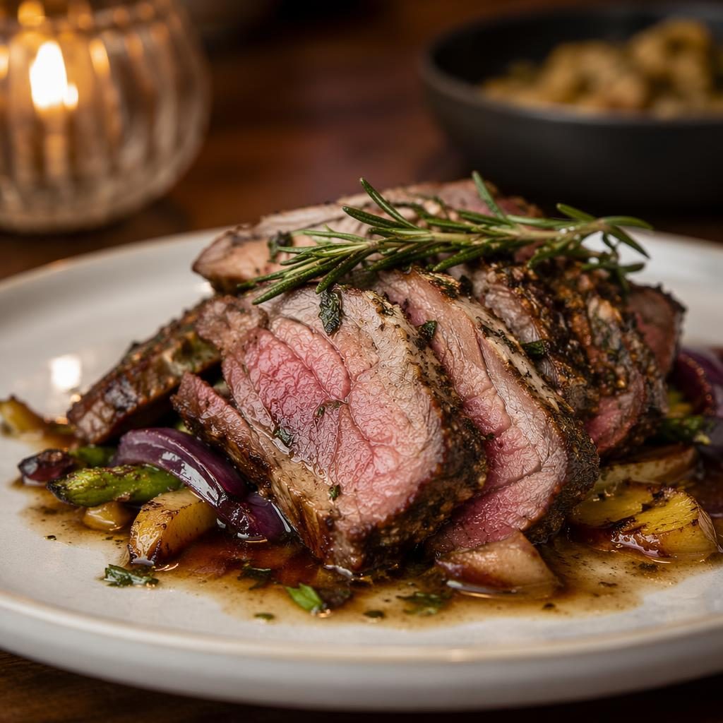 Straight-on editorial photo of a Michelin-style steakhouse lamb dish with precise plating, natural light, and soft blurred background.